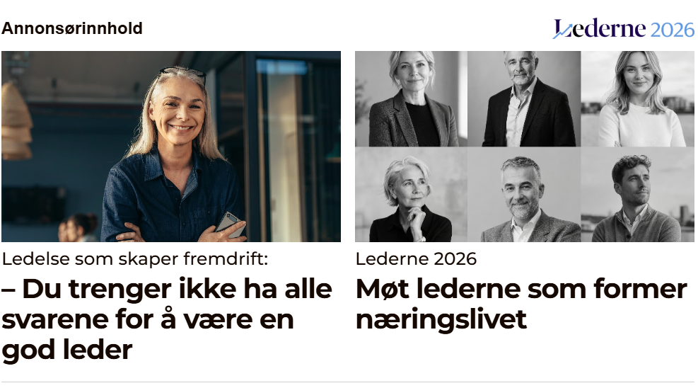 Eksempel på en artikkelinngang for en virksomhet og en egen inngang til Lederne 2026 på Budstikka.no